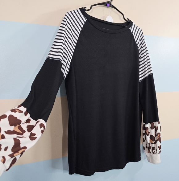 Leopard Lantern Sleeve Stripe Patchwork Casual Colorblock Top - Picture 5 of 7